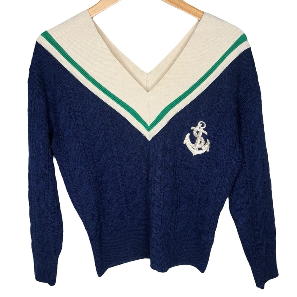 Sandro Guilhem cable knit sweater anchor navy blue green size 0 wool cashmere - Picture 2 of 8